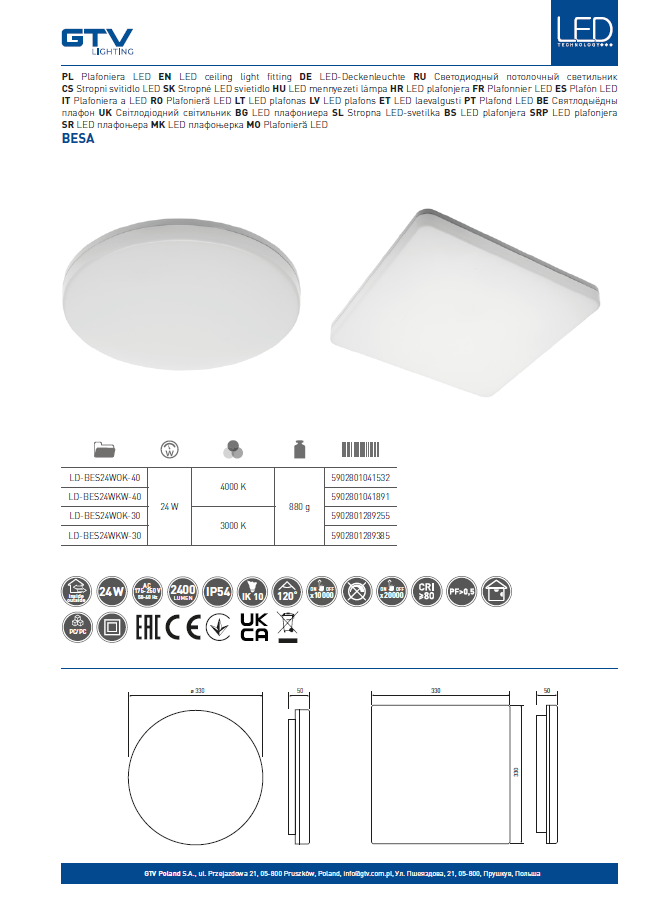 LED PLAFONJERA BESA 24W 4000K IP54 - Slika 2