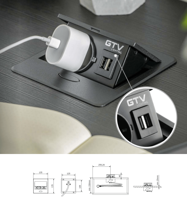 KONZOLA PRIKLJUČNA U STOL ŠUKO 2xUSB-A CRNA AVARO - Image 2