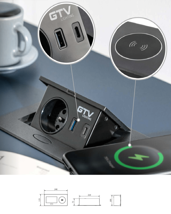 KONZOLA PRIKLJUČNA UGRADNA USB A+C WIRELESS PUNJAČ 5W CRNA AVARO PLUS - Image 2