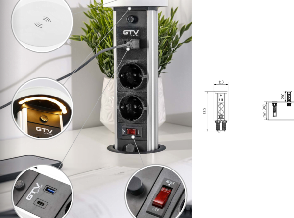 KONZOLA PRIKLJUČNA UGRADNA fi90mm SA SVJETLOM 2xŠUKO USB A+C WIRELESS PUNJAČ CRNA CAMINO S KABELOM - Image 3