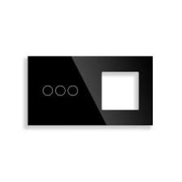 Stakleni panel za prekidače x3 + jednostruki okvir za module s metalnim nosačem, crni