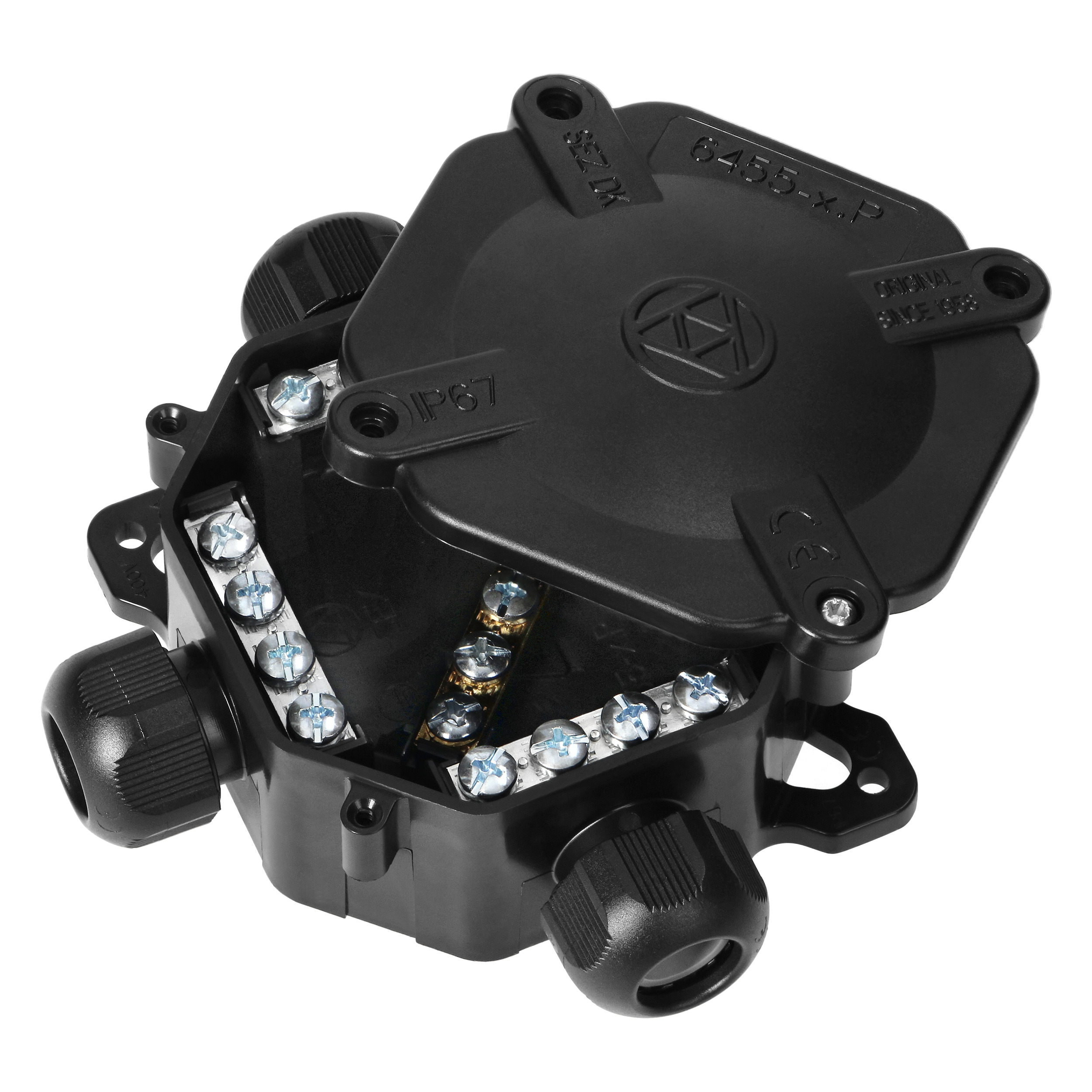 Hermetic junction box, 4 glands, 122 x 122mm, Crna